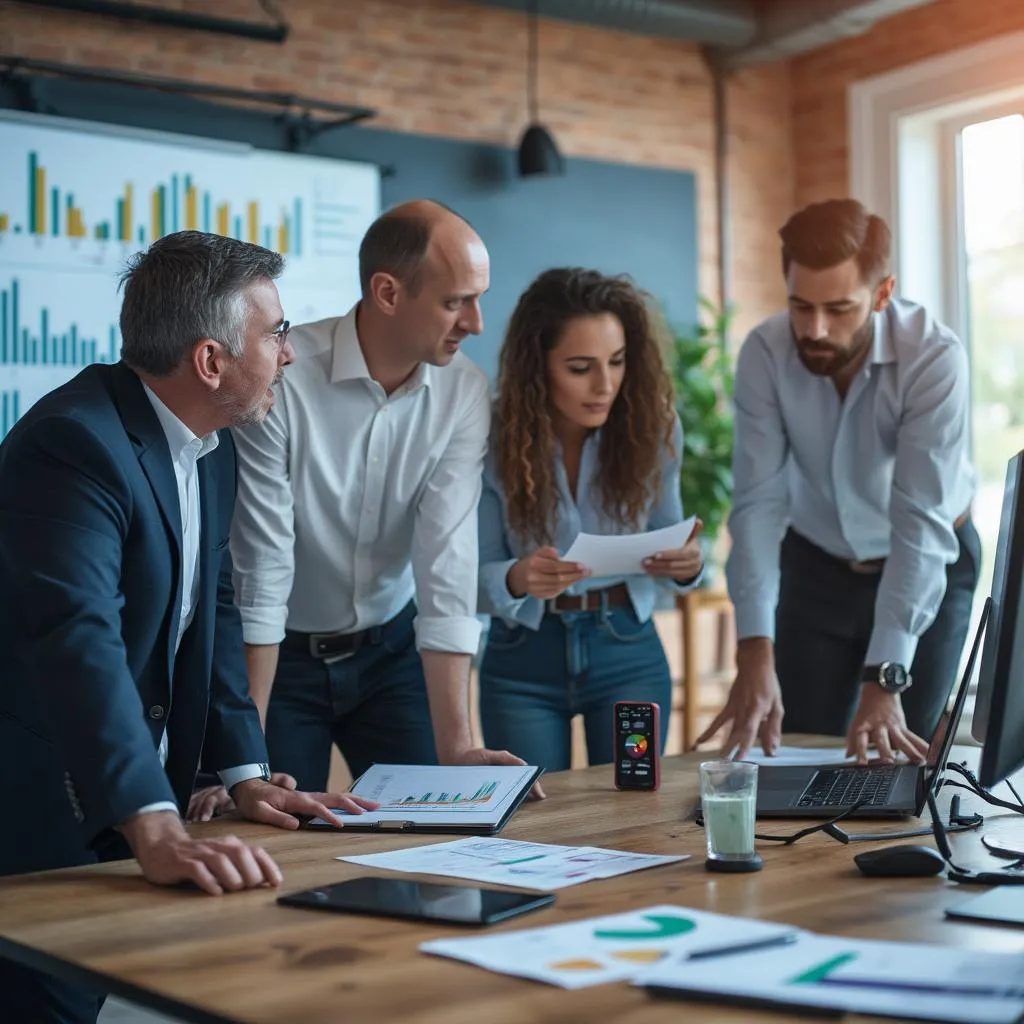 Oficina moderna con equipo analizando gráficos